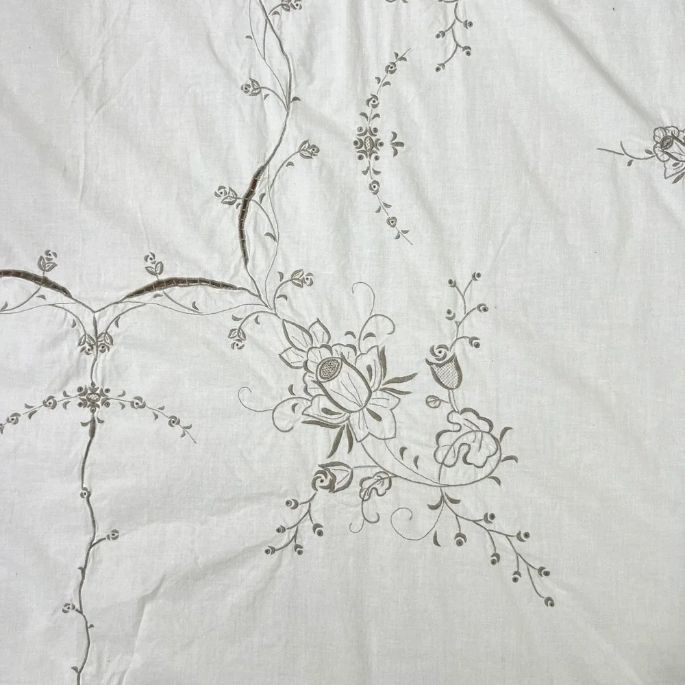 Vintage Antique Hand Embroidered White Linen Tablecloth Scalloped Cutwork Floral